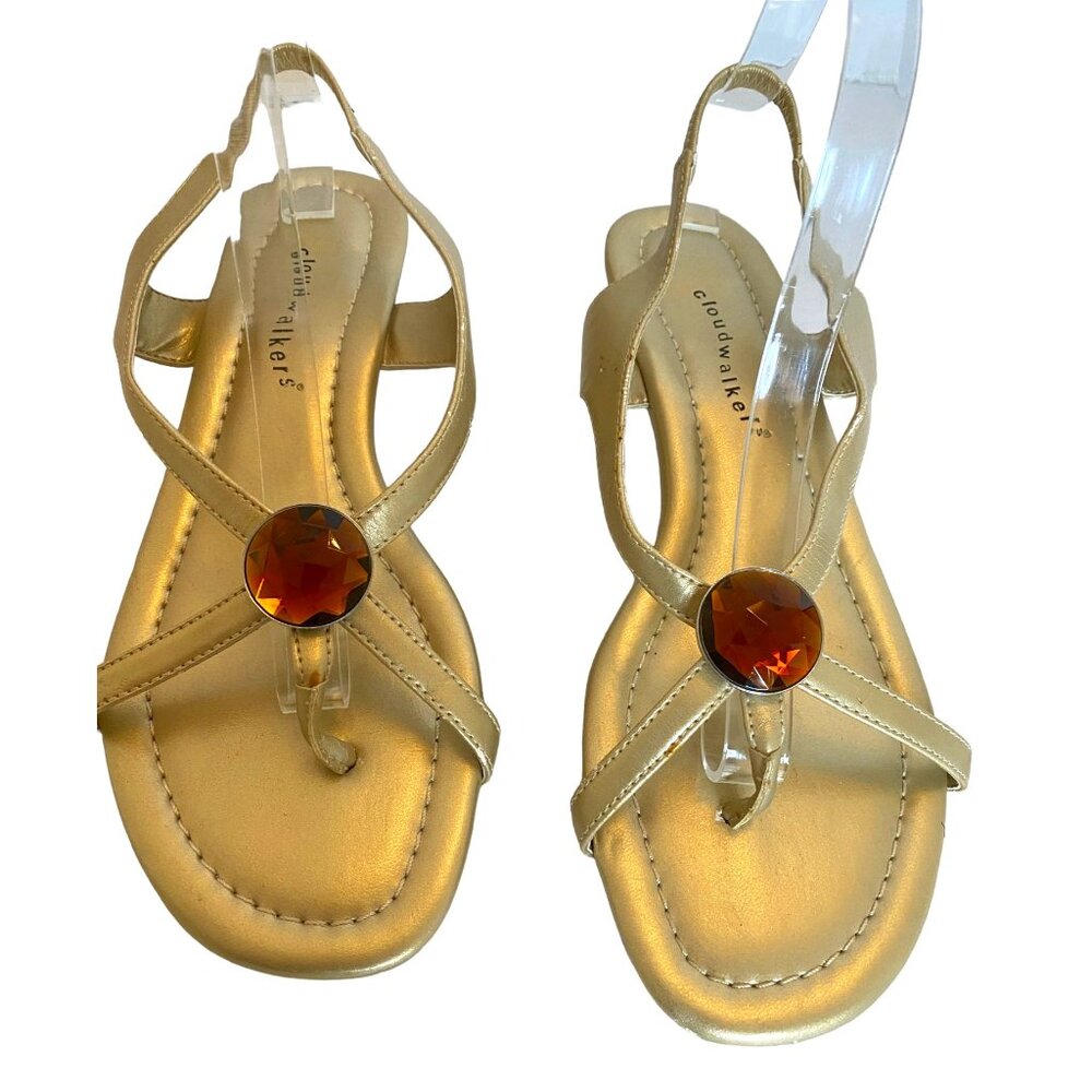 Cloudwalkers Vicky Gold Wedge Sandals Size 10W Slingback Jeweled Thong Glam Boho